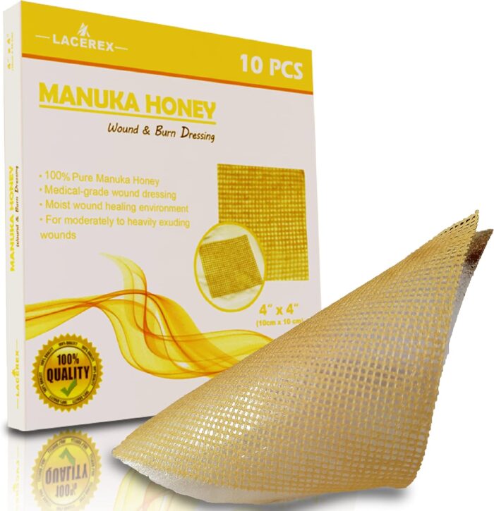 AWD Manuka Honey Gauze Dressing - 100% Impregnated Medical Grade Honey Patches - Medical Supplies, Wound Care, and First Aid - Gauze Pads 10 Count (4"x4")