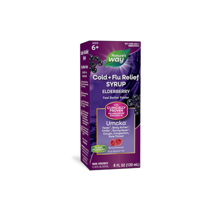 Nature's Way Cold + Flu Relief Syrup**, Umcka, Sore Throat, Cough, Congestion, Fever** , Body Aches**, Phenylephrine Free, Homeopathic, Non-Drowsy, Berry Flavored, 4 Fl Oz (Packaging May Vary)